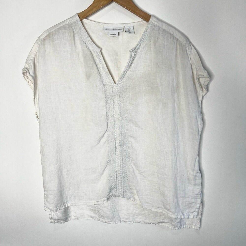 House Of Harlow Linen Blouse White V-Neck Box Fit Lagenlook Women's M